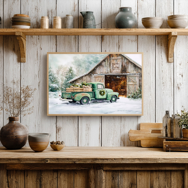 Festive green truck by rustic barn with lit Christmas tree gallery-wrapped canvas wall art, rustic style for entryway Festive green truck by rustic barn with lit Christmas tree gallery-wrapped canvas wall art, rustic style for entryway
