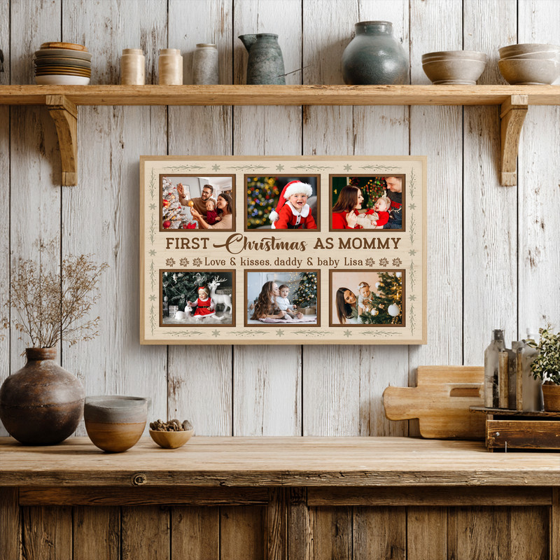 First Christmas as Mommy canvas art, 4‑photo square collage with holly accents, personalized names and date, nursery decor