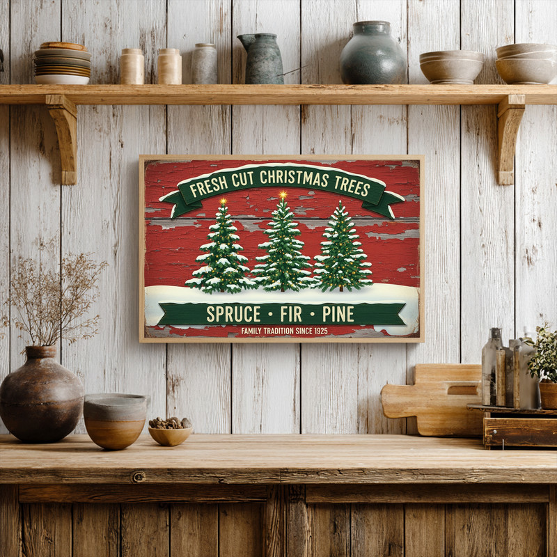 Fresh Cut Christmas Trees farmhouse canvas wall art for hallway decor, neutral tones and evergreen graphics evoke cozy holiday charm