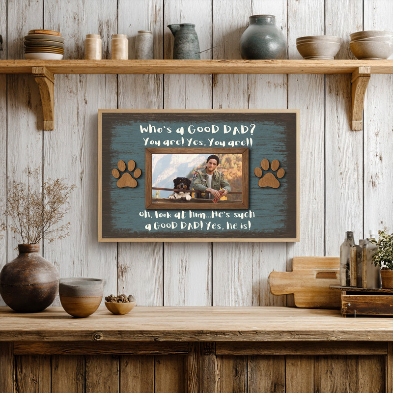 Funny Dog Dad photo frame canvas in distressed white, custom dog photo and name, farmhouse wall decor for living room