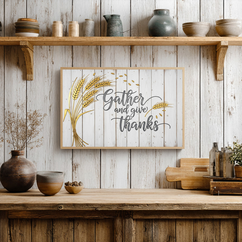 Thanksgiving farmhouse canvas wall art, rustic wood planks, cream lettering 'Gather and Give Thanks' in autumn tones