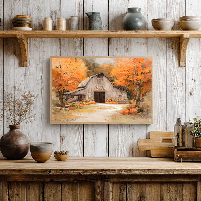Thanksgiving barn scene canvas wall art, autumn farm with pumpkins and leaves, Thanksgiving hostess gift for entryway