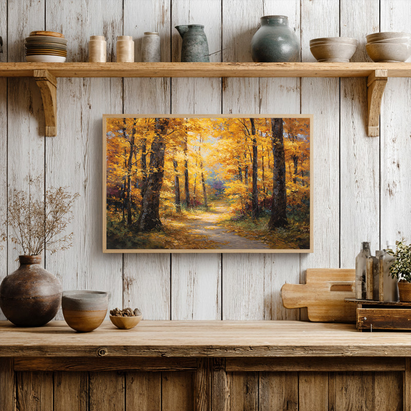 Golden autumn forest path canvas wall art with golden leaves and a tree-lined trail, warm tones perfectly suited for hallway