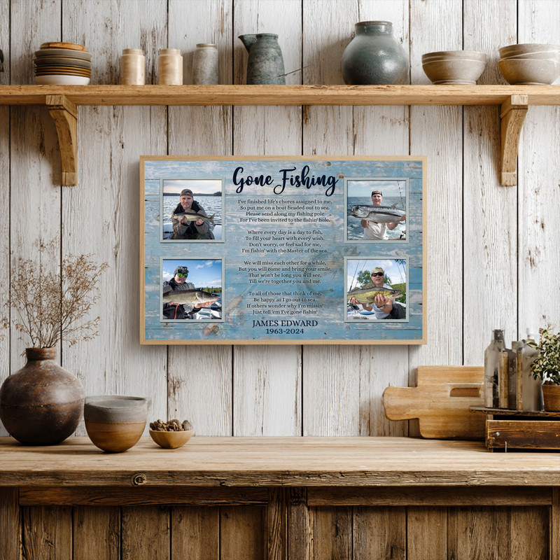 Gone Fishing tribute collage canvas wall art, custom memorial with photos, name, dates and quote; thoughtful sympathy gift