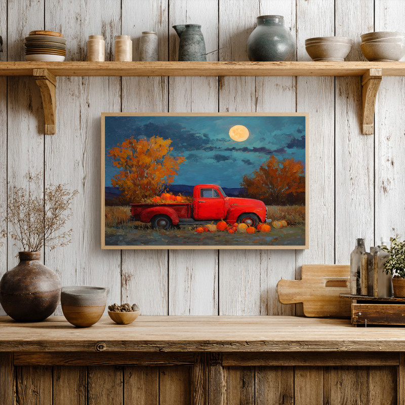 Harvest Moon red truck evening oil painting canvas wall art for entryway decor, farmhouse vibe at twilight under a full moon