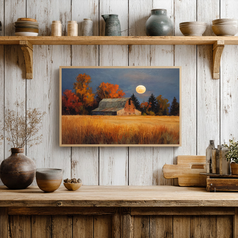 Thanksgiving farmhouse canvas wall art, harvest season barn motif with fall foliage accents, perfect for entryway decor