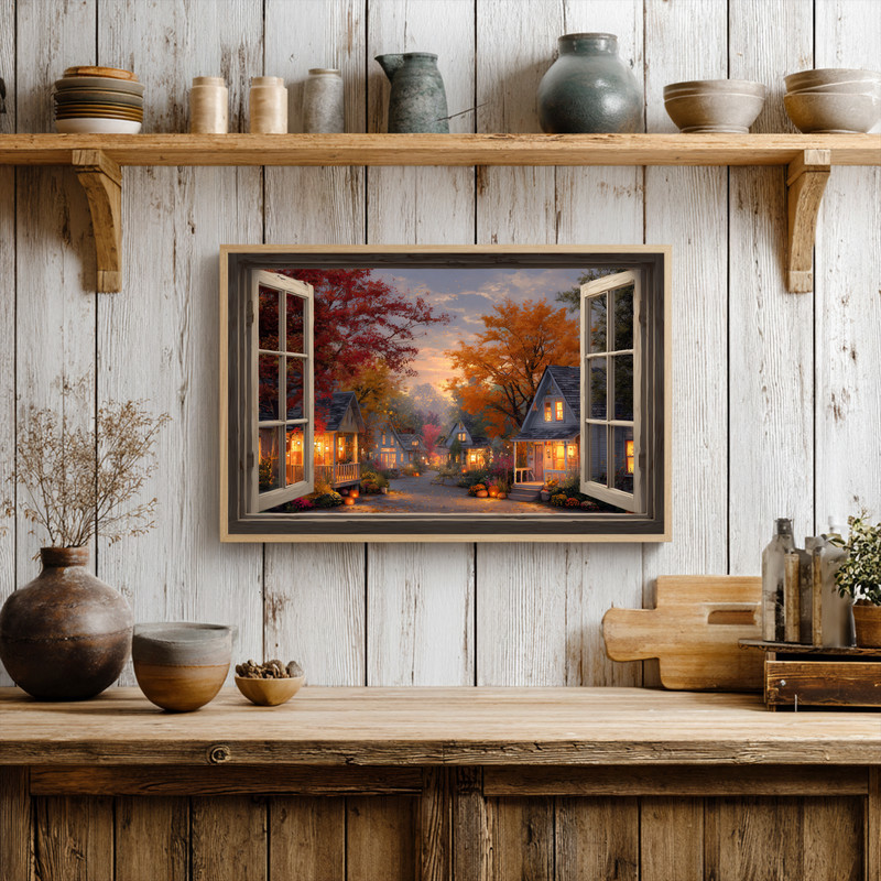 Thanksgiving village canvas wall art, autumn harvest landscape seen through window panes, rustic warmth and charm for hallway