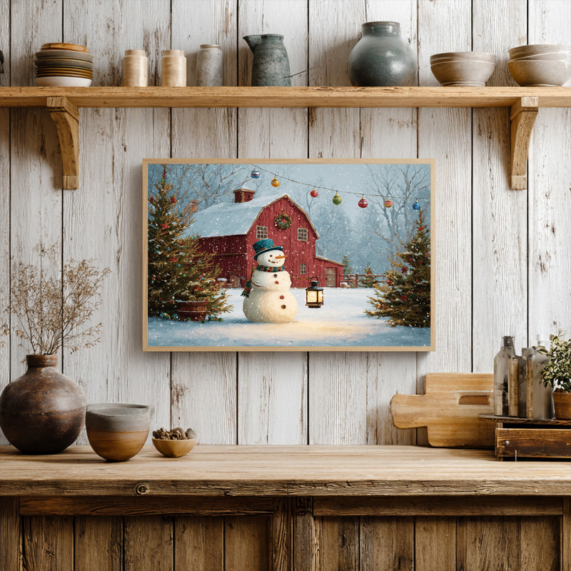 Holiday cheer in snowy barnyard Christmas tree scene canvas wall art, starry night sky with barn, portrait hallway accent