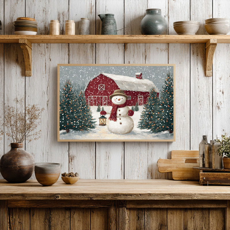 Jolly snowman by lantern canvas wall art, Christmas tree farm vibes, rustic holiday hallway decor on stretched canvas.