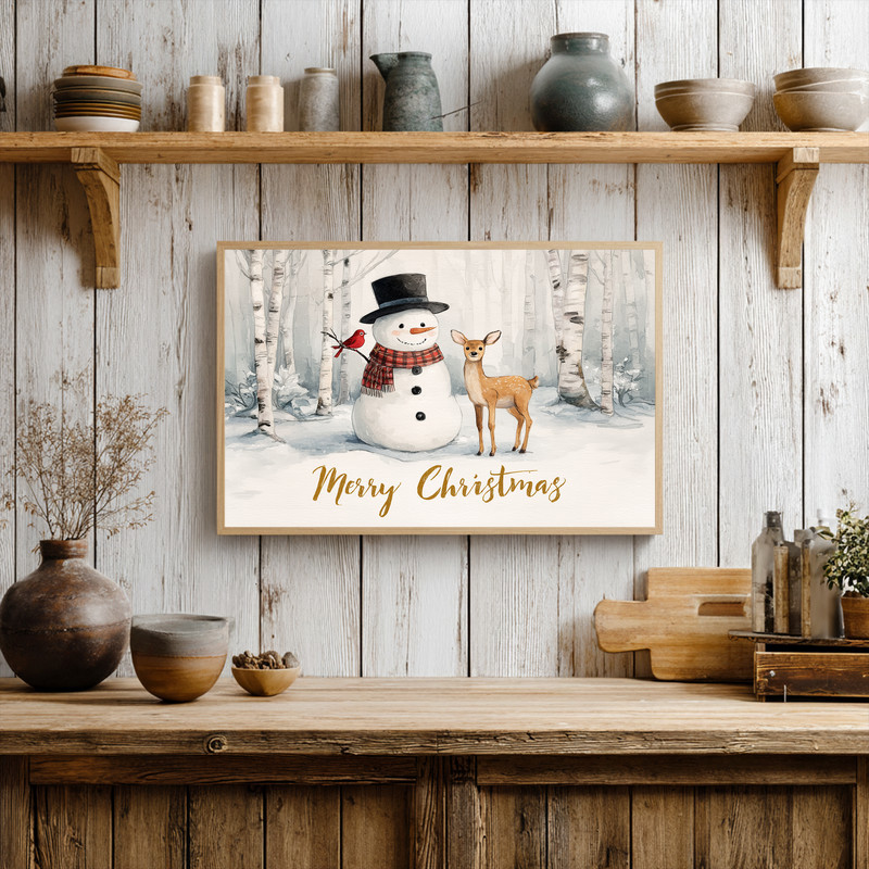 Joyful snowman and reindeer canvas wall art, a whimsical winter scene perfect for festive hallway decor during the holidays