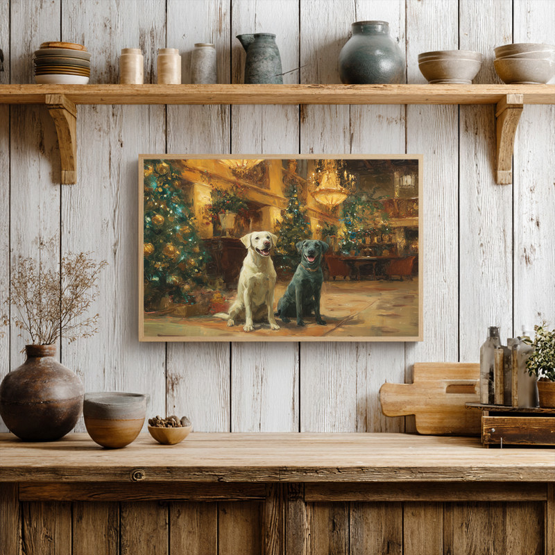 Labradors’ Christmas Delight canvas wall art, portrait orientation, festive hall scene in jewel tones for hallway decor
