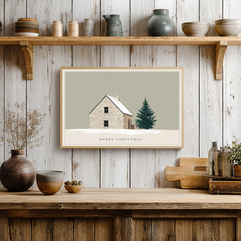 Merry Christmas canvas wall art, snowy night scene with lit cottage windows and pine, landscape layout for hallway