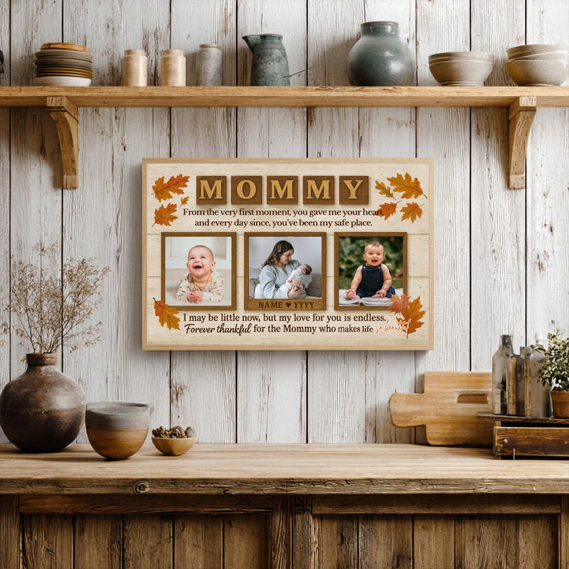 Thanksgiving photo collage canvas, multi-photo design for new mom, modern minimalist square layout, sweet nursery wall gift