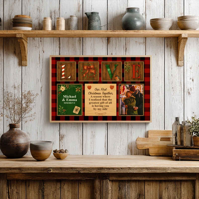 Personalized Plaid Canvas - Newlywed First Christmas Keepsake