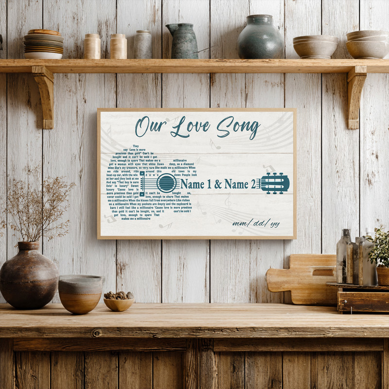 Romantic guitar silhouette canvas wall art, customized with names and date, ideal anniversary gift for guitar-loving couple