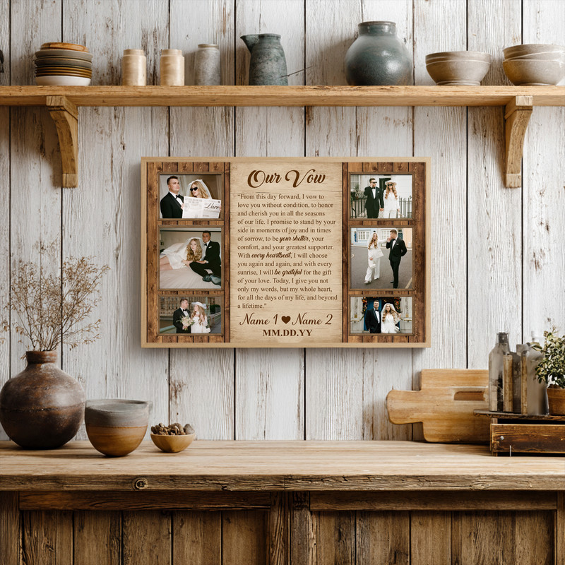 wedding vow canvas wall art photo collage with custom names, date and vows, 9-photo square grid, modern black-and-white style wedding vow canvas wall art photo collage with custom names, date and vows, 9-photo square grid, modern black-and-white style