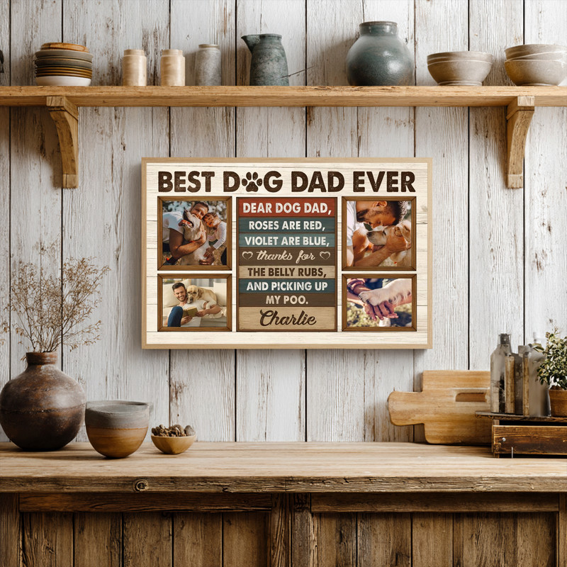 Best Dog Dad Ever canvas, personalized 5-photo collage with paw prints and walnut tones, Christmas gift for dog-loving dad Best Dog Dad Ever canvas, personalized 5-photo collage with paw prints and walnut tones, Christmas gift for dog-loving dad
