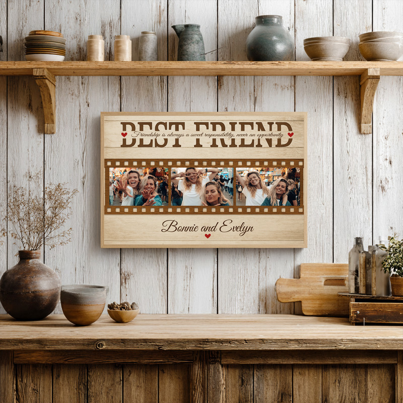 Personalized best friends photo collage canvas, rustic tones, heart-shaped layout, custom names and date, Christmas gift