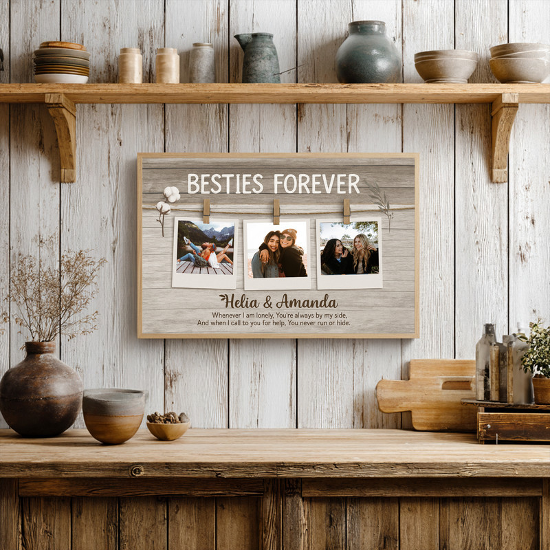 Friendship canvas wall art with rustic linen backdrop, Polaroid collage, personalized photos, names, bestie birthday gift