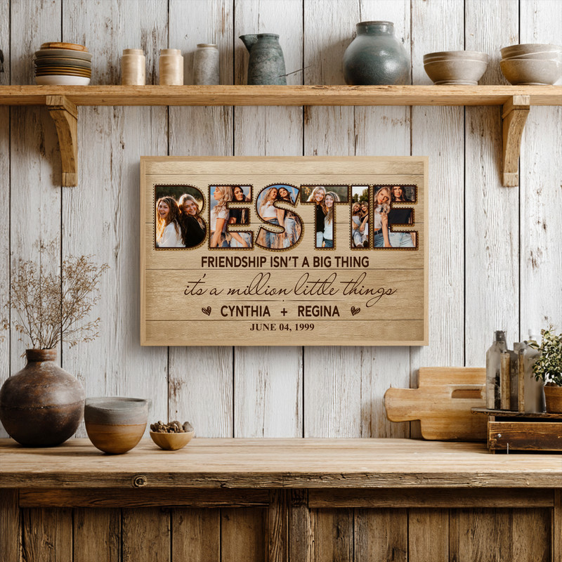 Friendship photo collage canvas print in rustic farmhouse style, personalized with custom photos and names, Christmas gift