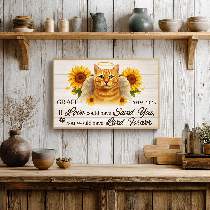Cat memorial portrait canvas, farmhouse sunflower tribute design, personalized with cat name, rustic wall art for living room