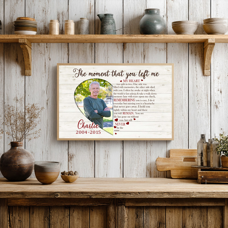 Dad memorial canvas wall art with red cardinal and memory quote, personalized with name, navy background, portrait.