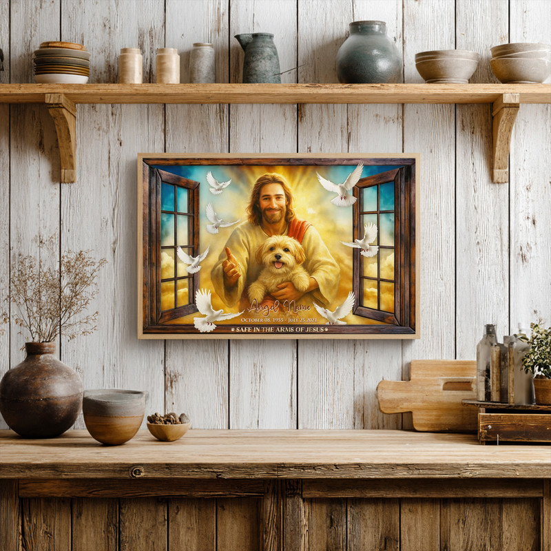 Dog memorial canvas wall art personalized with pet name and photo in a farmhouse window frame, 'Safe in the Arms of Jesus'