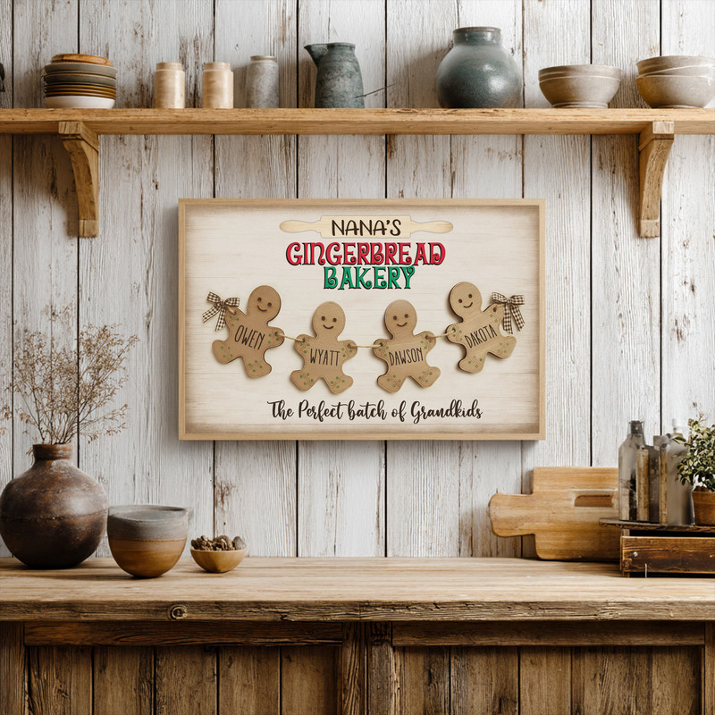 Gingerbread bakery Christmas canvas wall art, personalized grandkids names on chalkboard style, farmhouse mantel decor