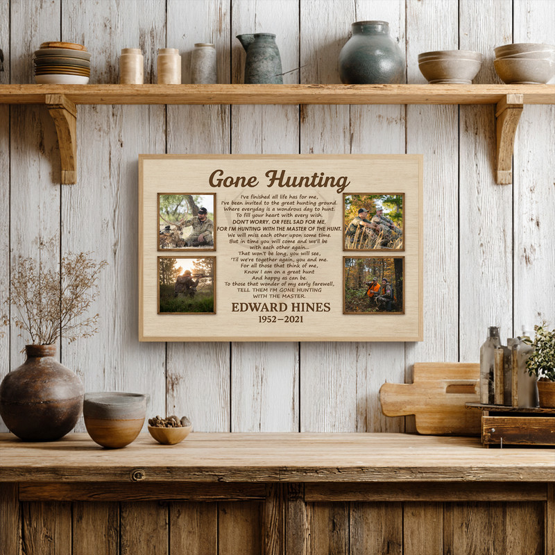 Gone Hunting memorial canvas wall art featuring mountains, pine trees, birds, landscape, custom name and memorial dates