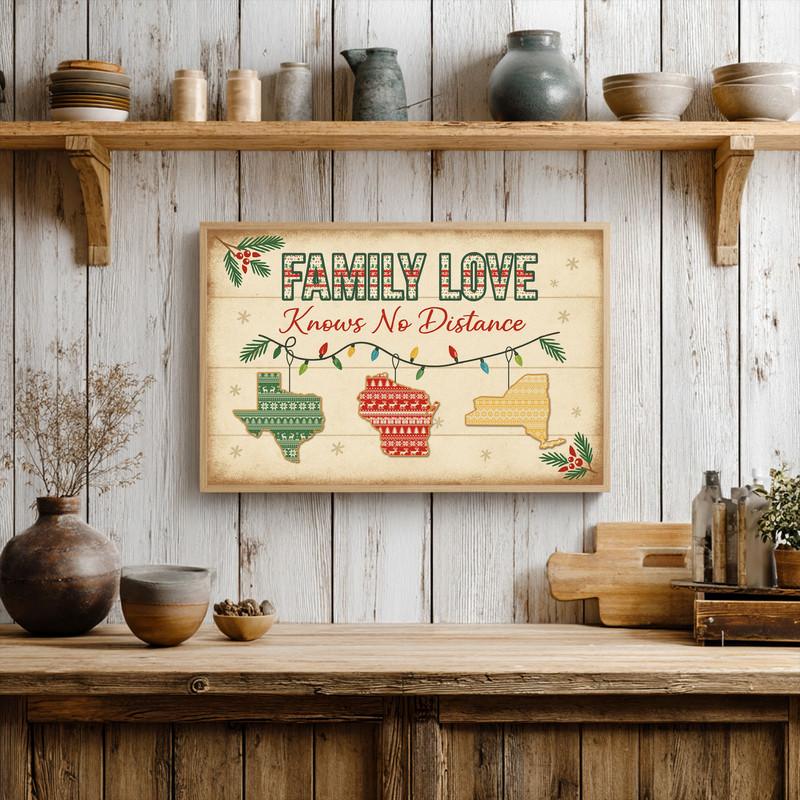 Family Love Knows No Distance Christmas canvas wall art, farmhouse look, personalized names and hometowns, neutral tones