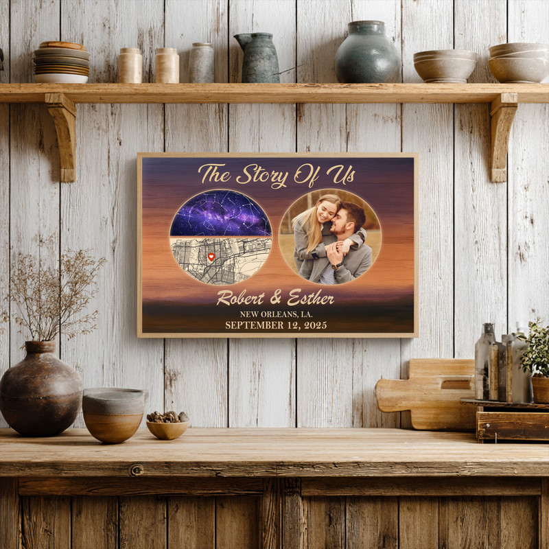 The Story Of Us canvas wall art with custom photo, location coordinates and star map, anniversary gift for couples