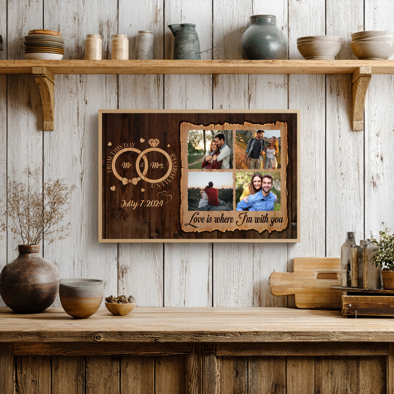 Rustic farmhouse couple photo canvas wall art, personalized with names and engagement date, portrait layout for bedroom decor