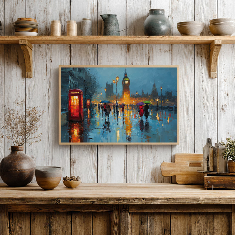 Rainy London stroll canvas wall art in grayscale, moody oil painting of umbrellas on slick pavement, vertical for hallway