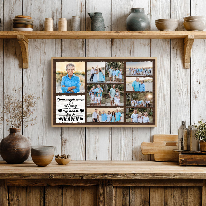 Memorial photo collage canvas, custom photos with name and date, heavenly clouds background, landscape layout for living room