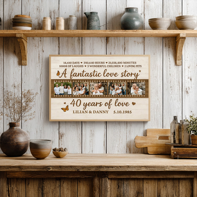 Ruby 40th anniversary photo collage canvas, landscape grid on whitewashed wood, rustic script, custom photos, names and date Ruby 40th anniversary photo collage canvas, landscape grid on whitewashed wood, rustic script, custom photos, names and date