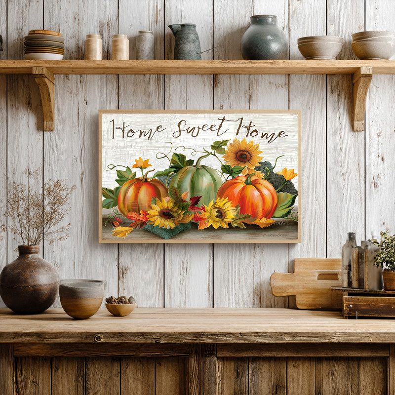 Rustic autumn pumpkins and sunflowers canvas art with 'Home Sweet Home' script, farmhouse hallway decor, neutral tones