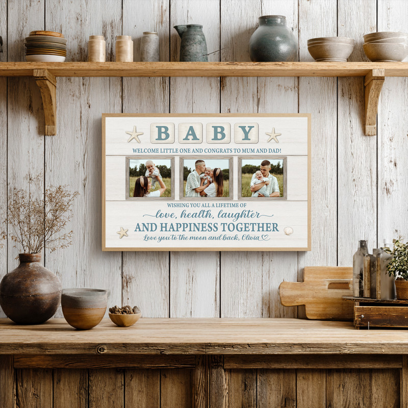 Rustic coastal farmhouse baby welcome canvas, personalized multi-photo newborn milestone collage with name for nursery