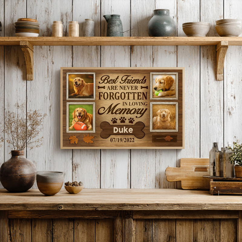 Dog tribute gift canvas, rustic fall photo collage on wood texture with paw prints and 'Best Friends Are Never Forgotten'