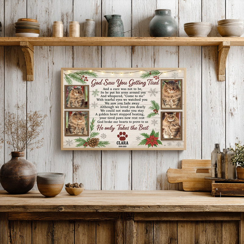 Rustic farmhouse Christmas cat memorial canvas wall art, personalized collage with green wreath frame, pet name and year