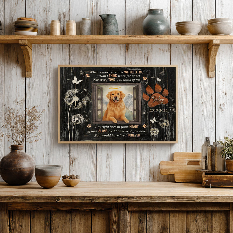 Rustic farmhouse dog memorial canvas, personalized photo and name on wood-grain background, paw prints In Loving Memory text