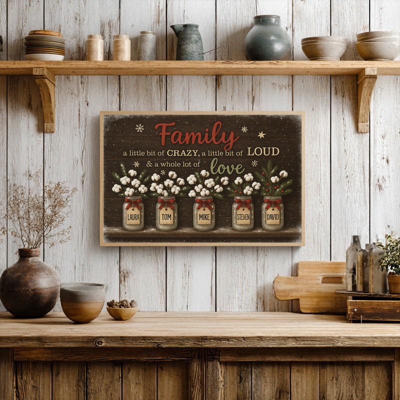 Rustic farmhouse family quote canvas with custom names and multi-name flower art, warm Christmas decor accent for entryway