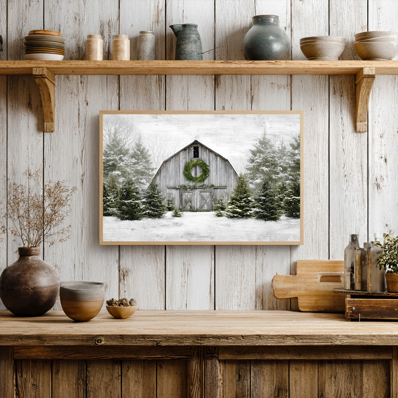 Rustic holiday barn canvas wall art showcasing a weathered farmhouse with wreath and soft snowfall, entryway Christmas decor