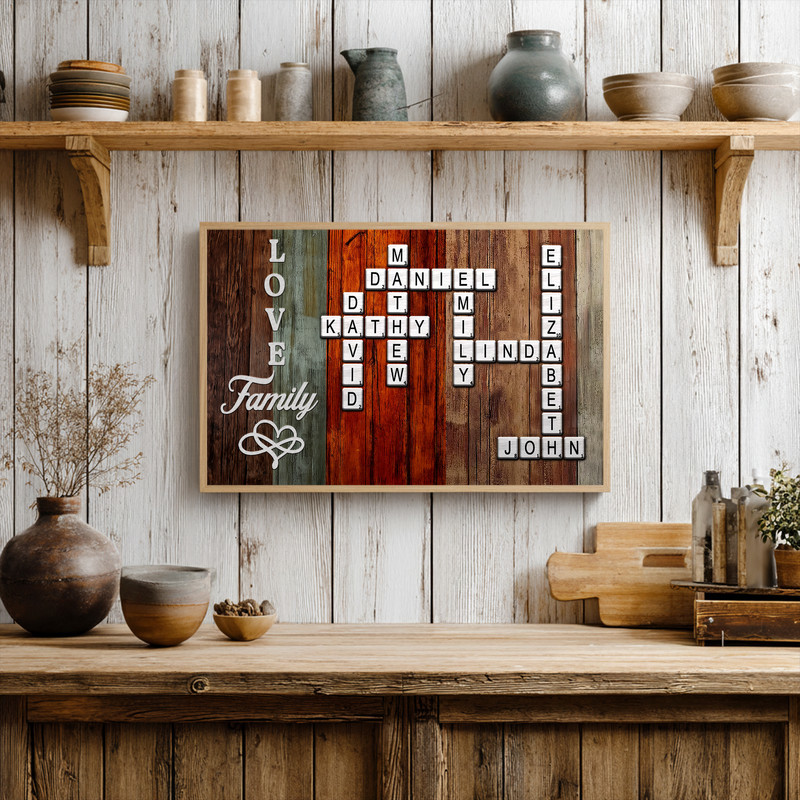 Scrabble family name canvas wall art featuring custom name tiles in a crossword design, dark charcoal background, landscape