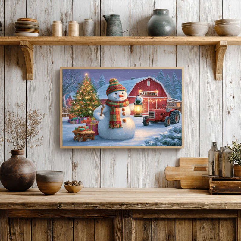 Snowman at the tree farm canvas wall art, rustic farmhouse style with red barn, snowfall, perfect hallway winter wall decor