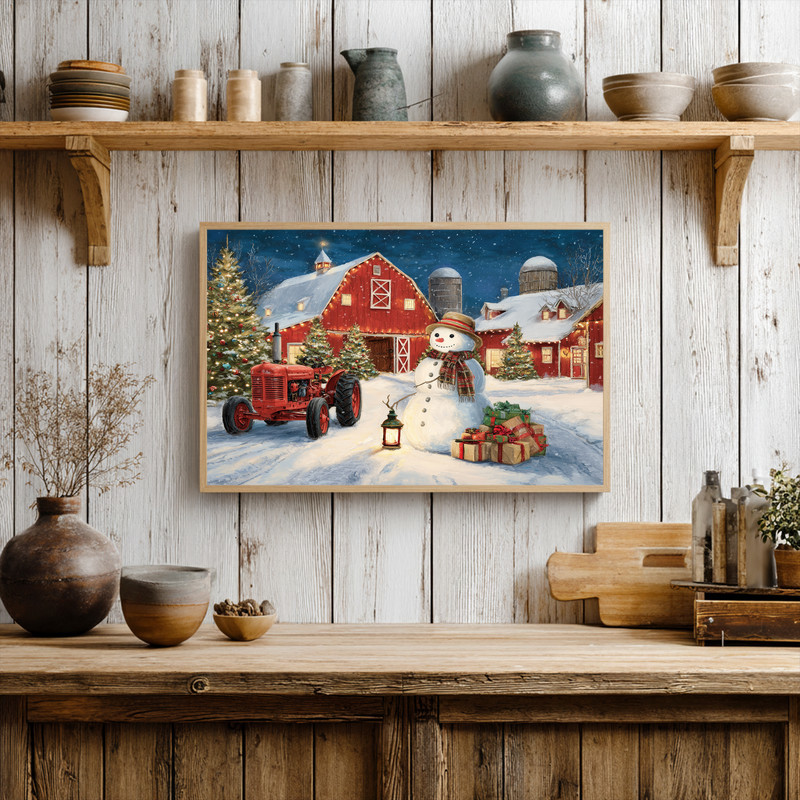 Christmas snowy farmyard canvas wall art with rustic barn, snow-covered trees, and lantern lighting a path for hallway. Christmas snowy farmyard canvas wall art with rustic barn, snow-covered trees, and lantern lighting a path for hallway.