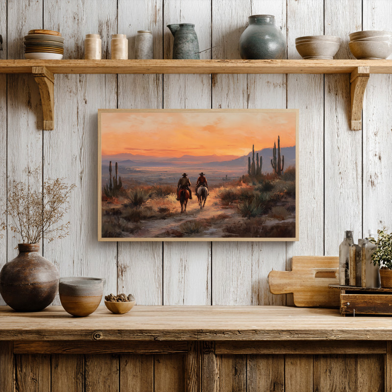 Southwestern cowboys canvas wall art, oil painting of trio driving cattle under turquoise sky, landscape hallway decor