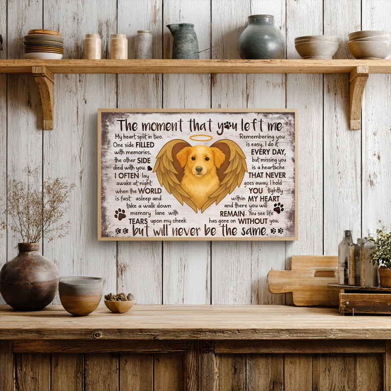 Dog memorial canvas wall art with 'The Moment You Left Me' verse, paw prints, neutral beige-gray tones for living room decor