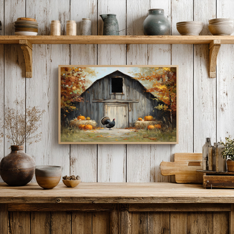 Rustic Thanksgiving barn canvas wall art, turkey foreground against timber siding, muted neutral palette for farmhouse entry