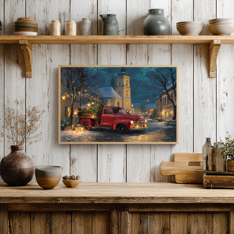 Vintage red truck Christmas city canvas wall art, snowy night market with tree and stalls, rustic look for entryway