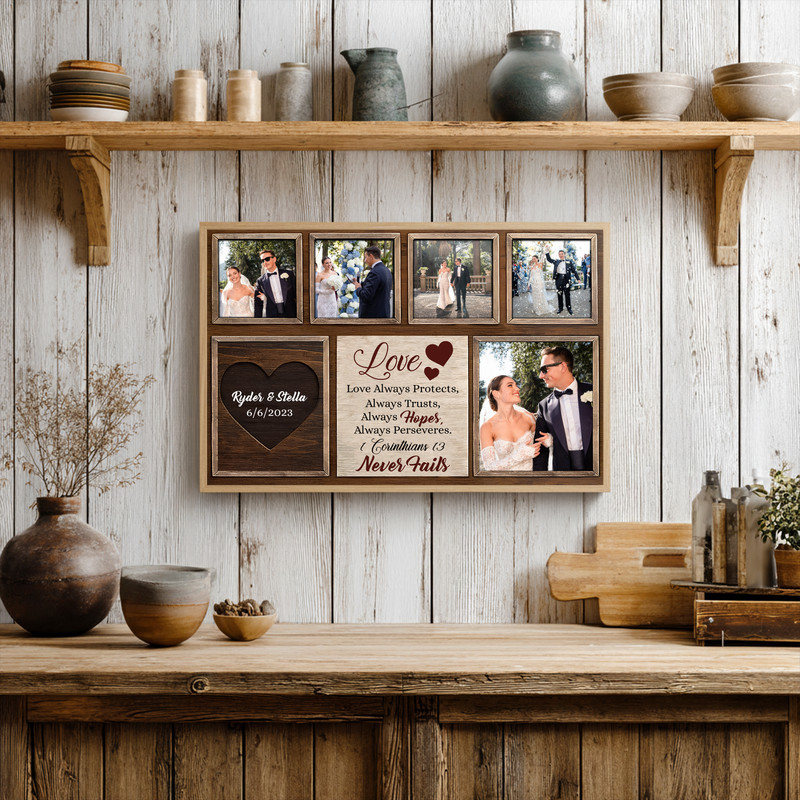 Wedding photo collage with Bible verse canvas wall art in rustic style, personalized names, living room decor accent